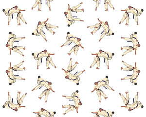 A set of patterns on the theme of karate for white fabric. Seamless. Endless.
