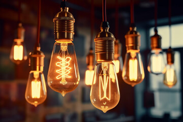 Vintage Edison light bulbs glowing in the dark. Idea concept.