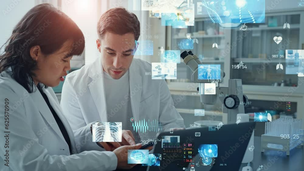 Poster multinational group of scientists experimenting and medical technology concept. medtech.
