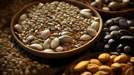 Raw organic spices and seeds in a wooden scoop closeup