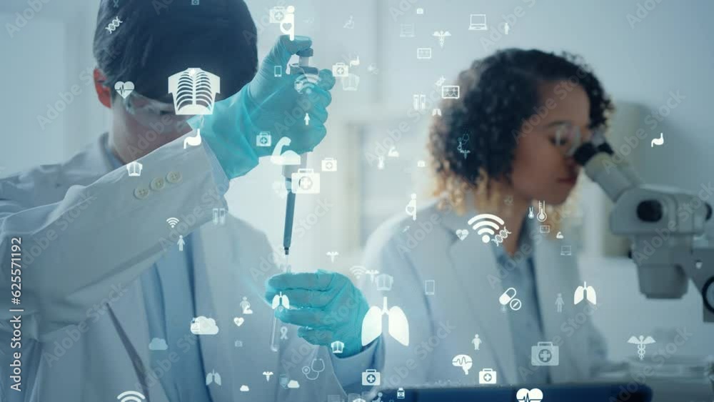 Poster Multinational group of scientists experimenting and medical technology concept. MedTech.
