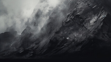 a mountain of rock, black and white,