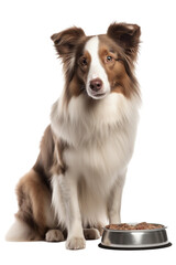 border collie dog with bowl isolated on white