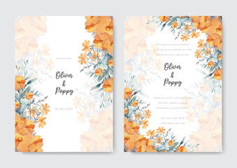 Elegant watercolor orange daisy floral wedding invitation card set. Beautiful invitation card template