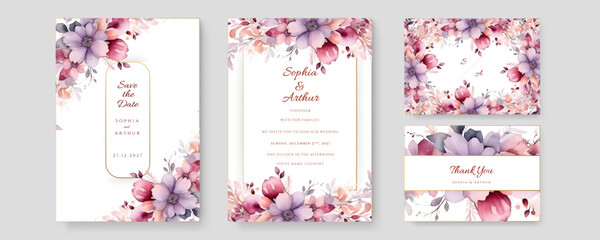 Modern wedding invitation template with romantic floral and leaves decoration