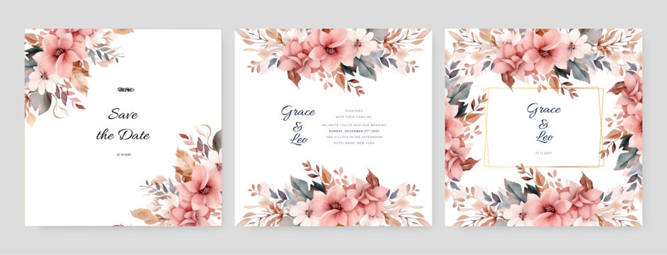 Modern premium wedding invitation template with pink flowers and leaves - Powered by Adobe