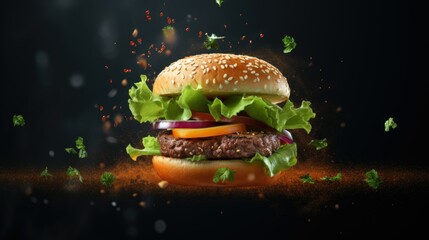 Burger closeup with beef, tomato, lettuce, cheese and onion on wooden table with text space can use for advertising, ads, branding