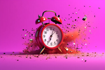 Alarm clock and confetti on pink background. 3d rendering