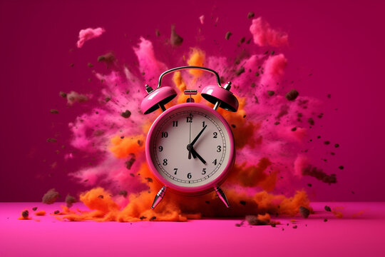 Alarm clock and confetti on pink background. 3d rendering