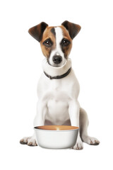jack russell terrier dog with bowl isolated on white