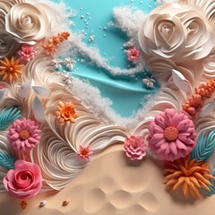 Vibrant Generative AI: 3D Ocean Scene with Abstract Organic Shapes, Sand, Shells, and Cyan Waters Generative AI