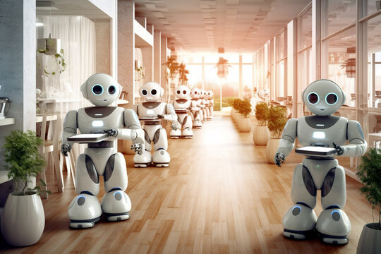 Group of robots in a modern classroom. 3d rendering toned image