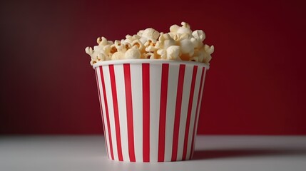 Popcorn in a traditional cardboard box or bucket, with pieces flying, floating in the air, on black background with text space can use for advertising, ads, branding