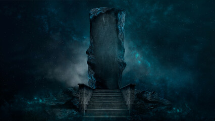 Fantasy night mountain landscape, moonlight and nebulae. Ancient stone portal, stairs up.  © MiaStendal