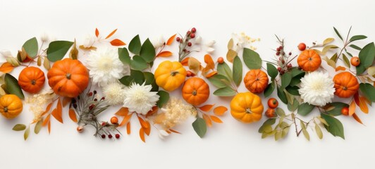 Autumn fall thanksgiving holiday greeting card - Gerland made of fallen autumnal leaves, floral flowers and pumpkins, modern, minimalism, isolated on white table background, top view (Generative Ai)