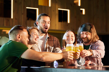 Friends, men and women attending pub, bar, watching sport match translation, drinking beer, cheering up favourite team. Concept of sport competition, hobby, lifestyle, human emotions, fun