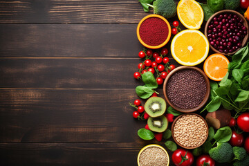 Healthy food clean eating selection, fruit, vegetable, seeds, superfood, cereal, leaf vegetable on wooden background, copy space top view.