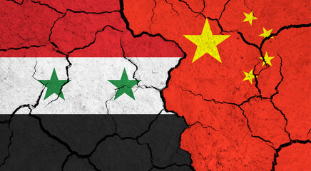 Flags of Syria and China on cracked surface - politics, relationship concept