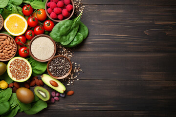 Obraz na płótnie Canvas Healthy food clean eating selection, fruit, vegetable, seeds, superfood, cereal, leaf vegetable on wooden background, copy space top view.