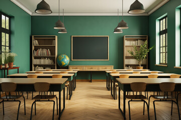 Photo classroom interior with school desks chairs and green board empty school classroom
