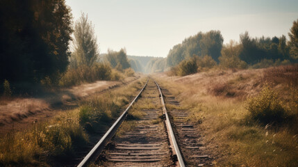 Curved railroad track in countryside landscape