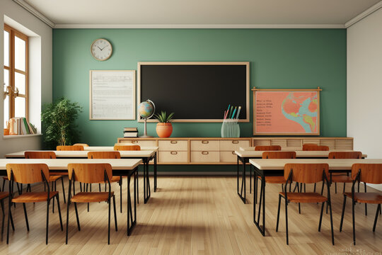 Photo classroom interior with school desks chairs and green board empty school classroom
