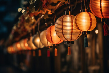 Fototapeta na wymiar A row of Chinese lanterns at night hanging close up 