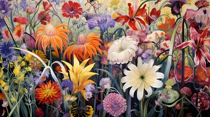 Flowers illustration background wallpaper design, colorful plant art, floral - obrazy, fototapety, plakaty