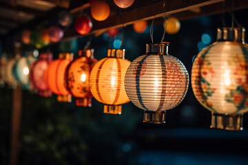 Obraz premium A row of Chinese lanterns at night hanging close up 