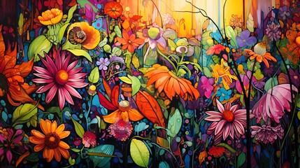 Obraz na płótnie Canvas Flowers illustration background wallpaper design, colorful plant art, floral