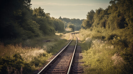 Obraz premium Curved railroad track in countryside landscape