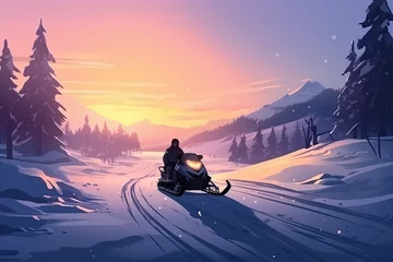Fotobehang Illustration of a snowmobile on a winter path. Generative AI. © Robert