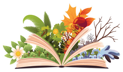 Book four seasons. Fairy tale story about four seasons, summer, winter, spring, autumn. Open book with different season on pages. Reading fantasy storybook about nature. Vector illustration