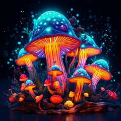 Naklejka na ściany i meble Magic psychedelic mushrooms in a fantasy forest with a neon glow