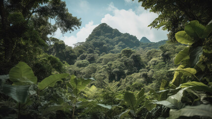 Dense tropical jungle foliage gives way to blue sky and a distant mountain.