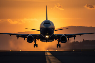 Fototapeta na wymiar A large jetliner taking off from an airport runway at sunset or dawn with the landing gear down and the landing gear down, as the plane is about to take off.