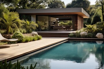 A home swimming pool located outdoors in the garden and on the terrace.