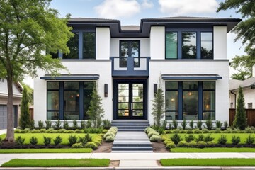 Fototapeta premium In Humble, Texas, USA, there is a street in a suburban neighborhood adorned with a series of recently built, contemporary two story houses. These residences boast a modern design and are accompanied