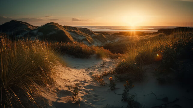 Dunes landscape during sunset at the beach. © Matthew