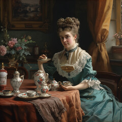 Renaissance oil paintings of princess on the breakfast table, ai art