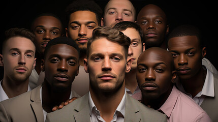 A group of different races and nationalities men wearing makeup. - obrazy, fototapety, plakaty
