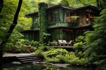 Fototapeta na wymiar Vacation house surrounded by lush foliage and vegetation