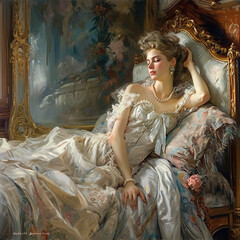 Renaissance oil paintings of a princess in a white dress on a bed, ai art 