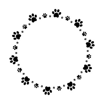 Black paw circle frame with dog animal footprints 