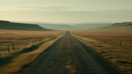 Fototapeta premium Endless road along green grasslands.