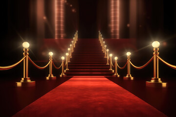 Red Carpet Bollywood Stage, Maroon Steps Spot Light Backdrop of the Golden Regal Awards, generative AI
