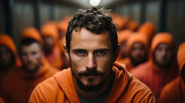 Prisoners in orange shirts at the prison Desperate handcuffed prisoner looking at camera with people behind the scenes Generative AI