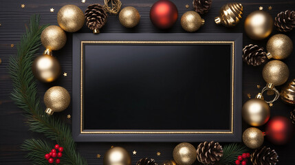 a black board surrounded by christmas ornaments and a gol - obrazy, fototapety, plakaty