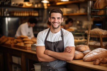 Young smiling man wearing apron standing behind bakery counter. Generative AI