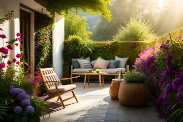 A lush terrace garden filled with colorful blooming flowers, cascading vines
